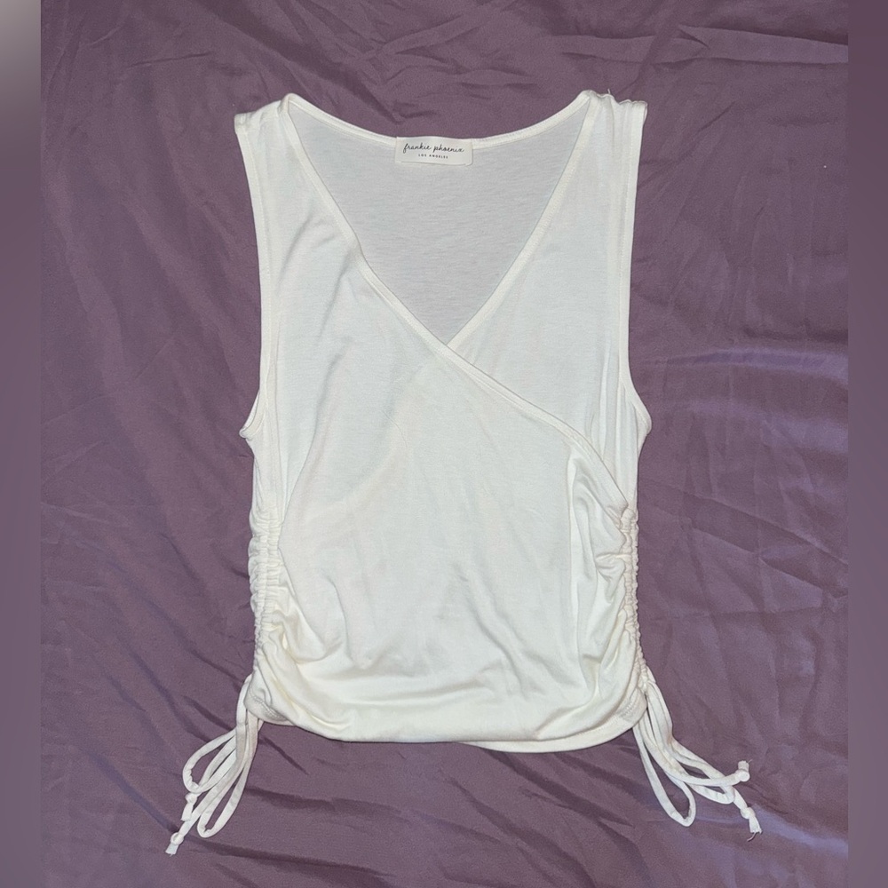 Boutique White Ruched Side Tie Cross Front Camisole